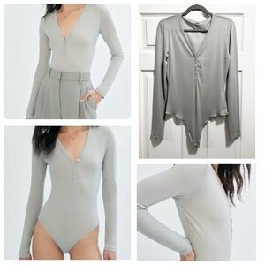 Aritiza Wilfred Theodora Sheer Mesh Bodysuit Dusky Green Sage Gray Size Medium